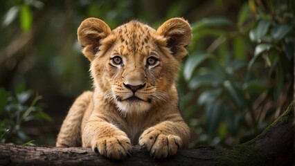 portrait of a lion cub in a jungle photo