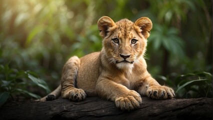 portrait of a lion cub in a jungle photo