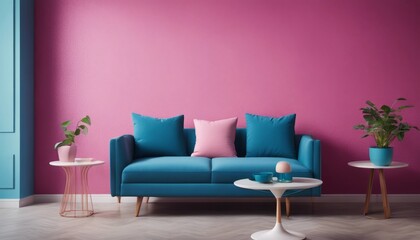 Blue sofa and round pink coffee table against multicolored stucco wall with copy space. Colorful