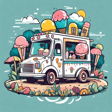 a whimsical cute cartoon illustration of an  ice cream truck in the summer in a neighborhood. Suitable for a T-shirt design 