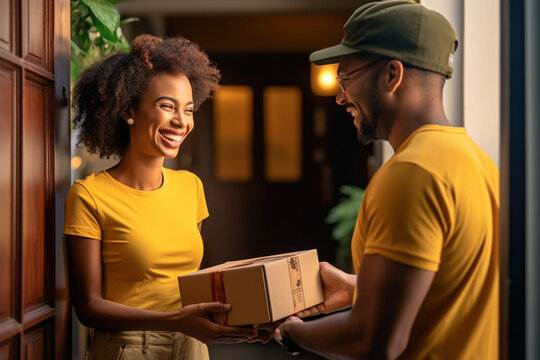 An African courier in a yellow T-shirt and green cap hands a box to a smiling woman against the background of doors. Online sale, stock or store order for mobile courier service.