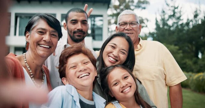 Happy, selfie and face of big family at their home with funny expression for bonding together in garden. Smile, goofy and portrait of children taking a picture with parents and grandparents at house.