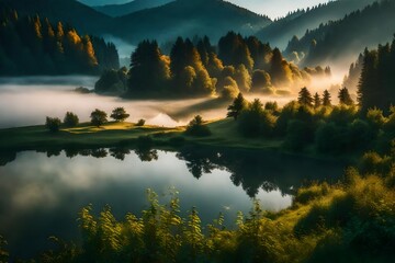*dramatic morning scene of lacu rosu lake misty summer sunrise in harghita county romania europe beauty of nature concept background - - obrazy, fototapety, plakaty