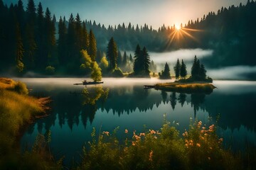 **dramatic morning scene of lacu rosu lake misty summer sunrise in harghita county romania europe beauty of nature concept background - - obrazy, fototapety, plakaty