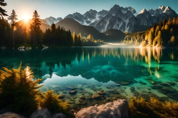 **impressive summer sunrise on eibsee lake with zugspitze mountain range sunny outdoor scene in german alps bavaria germany europe beauty of nature concept background - - obrazy, fototapety, plakaty
