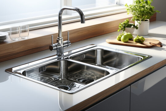 Stainless steel shiny perfectly clean sink for kitchen.