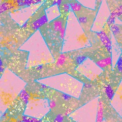 Seamless pattern of geometric shapes of abstract elements in pink and yellow shades on a green background for textiles.