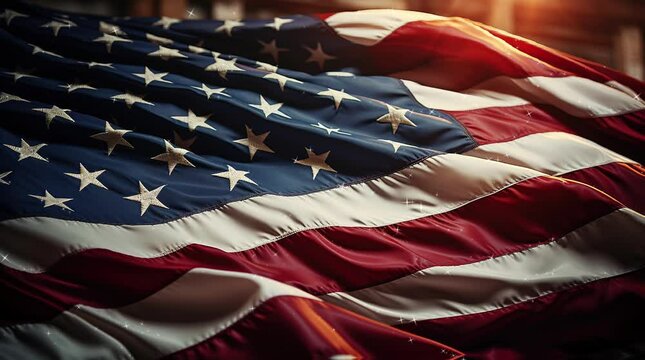 Seamless American flag waving in the wind. Close up of American Flag Waving. USA Banner Flaping in Wind. Concept of 4th of July, Independence Day, American Election and Other Feasts.