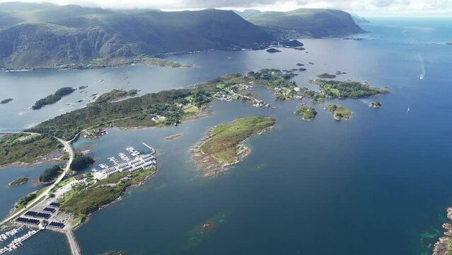 Aerial view of Islands attached by bridges in the Fjords of Norway - Stokksund - Blikkv&aring;gane - Runde - Rem&oslash;ya - Leinoya