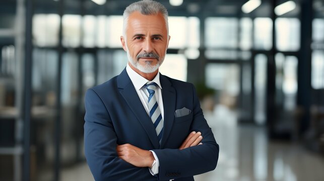 smart elegance senior old adult businessman standing smile confident and cheerful wear formal suit portrait shot in modern interior office background. Generative AI