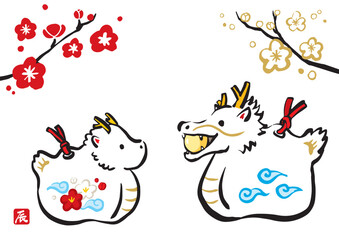 辰の親子の手描きイラスト　辰年　龍　和風　水墨画