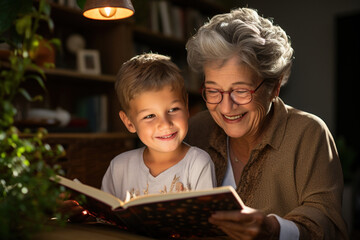 Nice moment of senior old lady female woman reading a book to her grand son kid child, enjoying special moment together in apartment. Reading educational fiction book together in family concept - obrazy, fototapety, plakaty