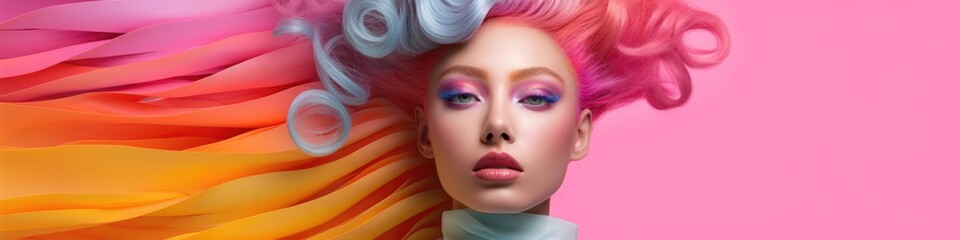 A woman with colorful hair and makeup on a pink background. Generative AI.