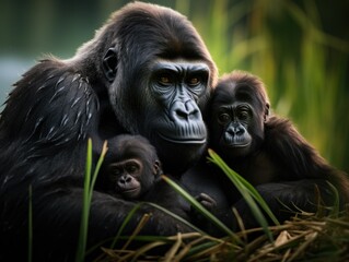 Fototapeta premium A mother gorilla and her baby sitting in the grass. Generative AI.