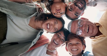 Smile, bottom view and face of family in circle with solidarity, love and happiness in nature. Excited, unity and portrait of young children with parents and grandparents in an outdoor garden or park - Powered by Adobe