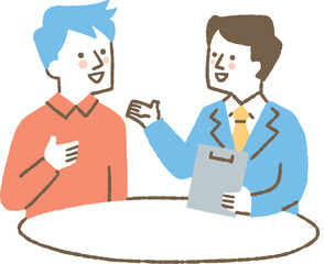 専門家の説明を聞いている男性_色