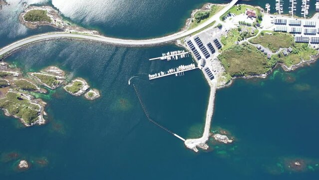 Aerial view of Islands attached by bridges in the Fjords of Norway - Stokksund - Blikkv&aring;gane - Runde - Rem&oslash;ya - Leinoya