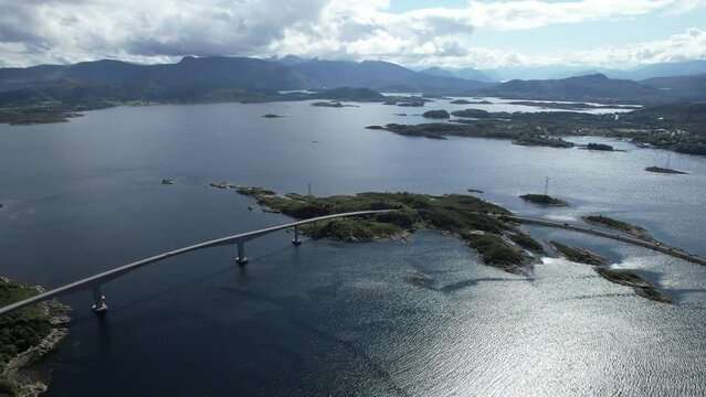 Aerial view of Islands attached by bridges in the Fjords of Norway - Stokksund - Blikkvågane - Runde - Remøya - Leinoya