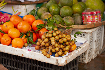 Fresh tropical fruits on display at a traditional market