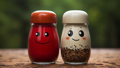Cartoon salt and pepper shakers with cheerful faces on a wooden table