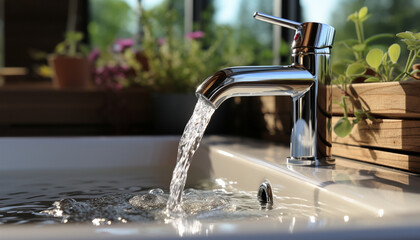 Elegant chrome bathroom faucet with water flow and plant backdrop. - obrazy, fototapety, plakaty