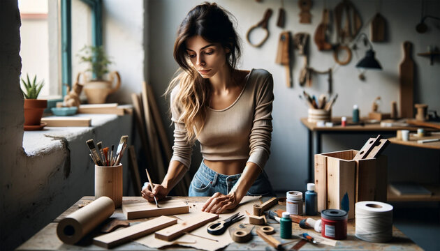 A 28-year-old woman focused on a DIY project in a well-lit home workspace. DIY materials like wood, tools, and paints are neatly arranged on the table