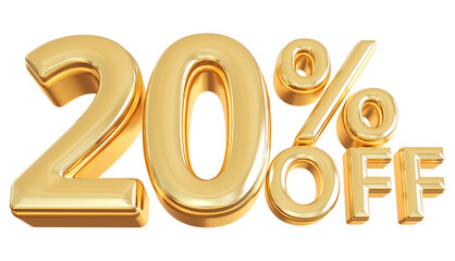 20 Percent Off Sale Discount Gold Numbers 3D Render