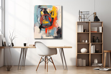 .Office Interior with White Desk, Bookshelves, and Abstract Painting