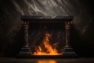 Obraz premium Black Marble Podium Surrounded by Blazing Flames, Fire, Pillar, Stairs