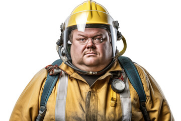 Fototapeta premium Portrait of construction worker Overweight man in engineer uniform on transparent background