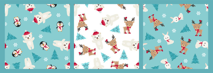 Set of cute Christmas background with funny animals. Winter seamless patterns. Vector cartoon flat illustration.