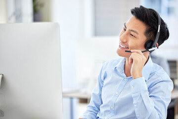 Man, headset and phone call at telemarketing office or smile for customer care, service or sale...