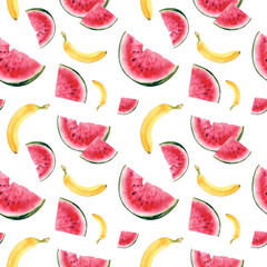 Watermelon and banana. Seamless pattern. Watercolor illustration. Juicy fruits. Baby food. Clipart, printing on fabric.