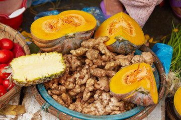 Fresh vegetables on display in a traditional market	