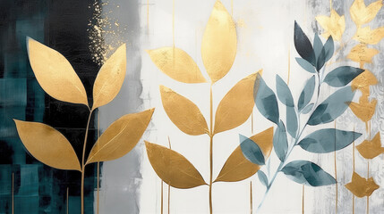 Silhouettes of beautiful plants on canvas.Gold, black, blue and gray colors. Interior painting. Beautiful background, digital painting
