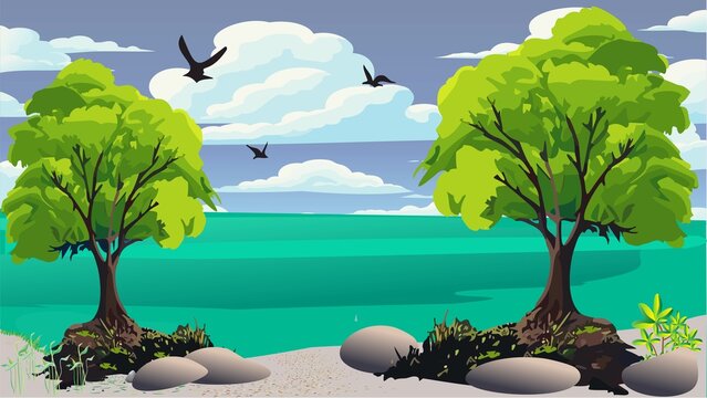 landscape with trees and birds