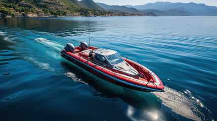  speed boat cruising in high speed in deep blue sea, 