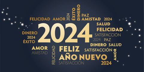 Feliz Año Nuevo 2024- Tarjeta de felicitación de Año Nuevo - texto en español - fondo negro