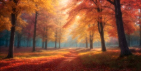 autumn forest in the fog sun, woods, green, path, red, colorful, october, wood, road, bright, color