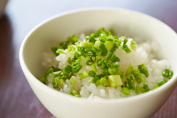 Sliced chives on rice