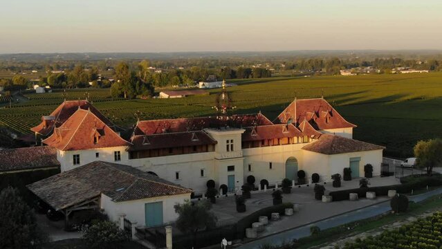 Chateau Angelus winery and vineyard, Saint Emilion in France. Aerial drone panoramic view