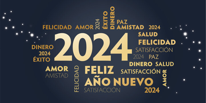 Feliz Año Nuevo 2024- Tarjeta de felicitación de Año Nuevo - texto en español - fondo negro