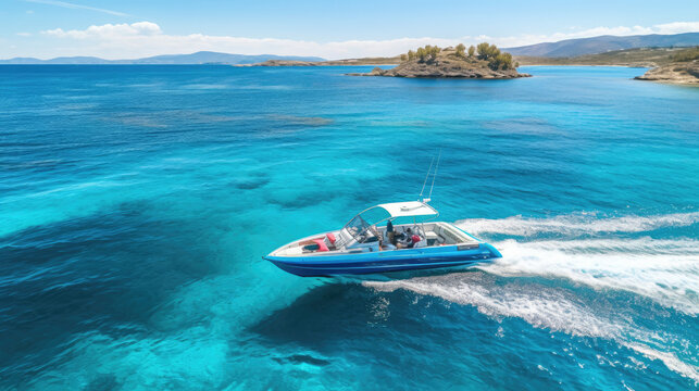  speed boat cruising in high speed in deep blue sea, 