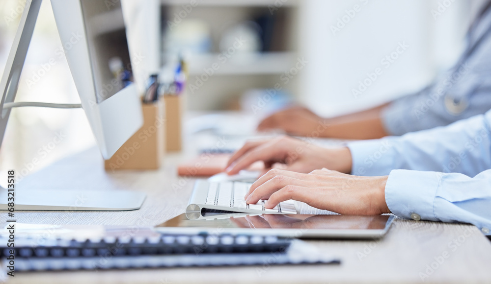 Aufkleber office, communication and hands of employees typing email, report and contact technical support for 