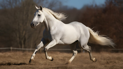 Obraz na płótnie Canvas White Horse galloping through scenic landscape, symbolizing freedom and adventure
