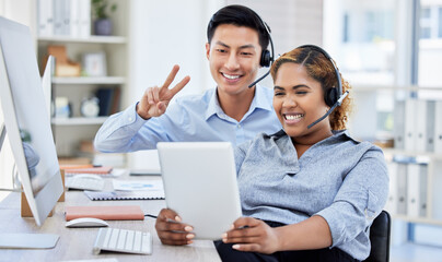 Call center, man and woman with selfie, smile or peace sign for teamwork and customer service in...