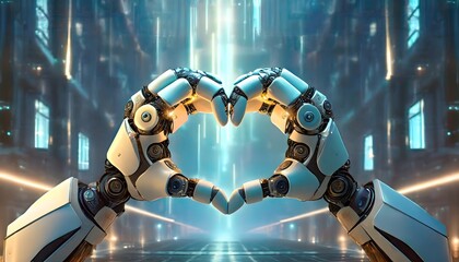 Robot hands forming a heart shape on a futuristic background.