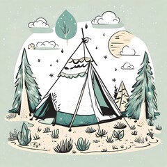 a whimsical cute drawing illustration of a camping  tent in a summer forest. Suitable for a T-shirt design