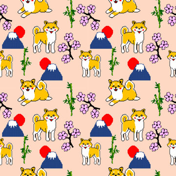 Seamless Pattern of Cute Cartoon Shiba Inu in pixel style. Japanese background.
