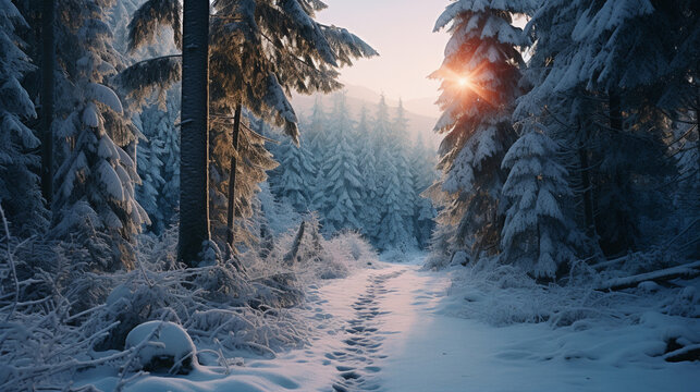 A snowy forest trail leading towards a distant mountain, AI Generative.